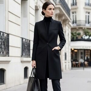 Zara Longline Wool Coat Womens XS Black Tailored Stand Collar Minimalist Chic